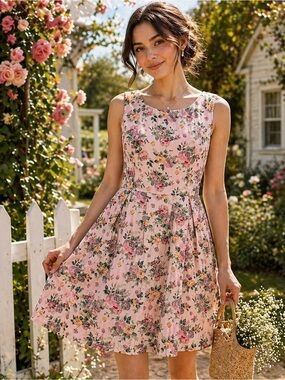 Pink Martini Floral Fit & Flare Dress Medium | Blush  Cottagecore Garden Party